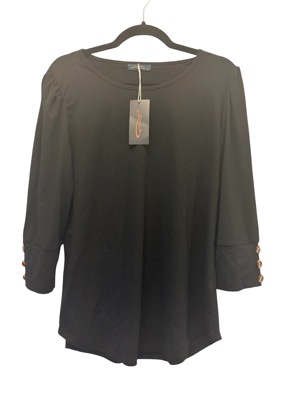 NWT Black 3/4 Sleeve Womens Top Shirt Blouse Curved Hem Stretch Lightweight Sz L